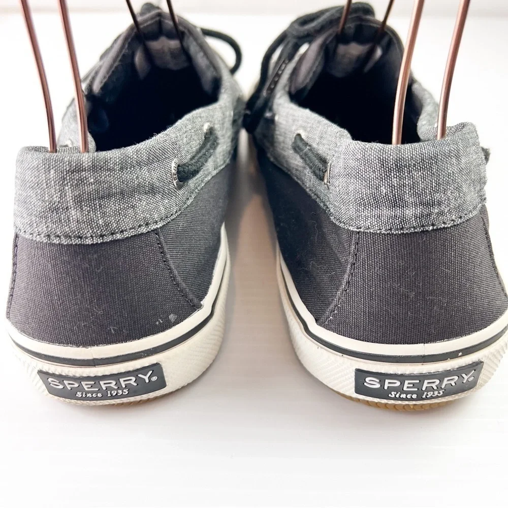 Sperry Loafer Men's 12 Grey Black Cutter 2-Eye Boat Canvas Slip On Casual Shoe